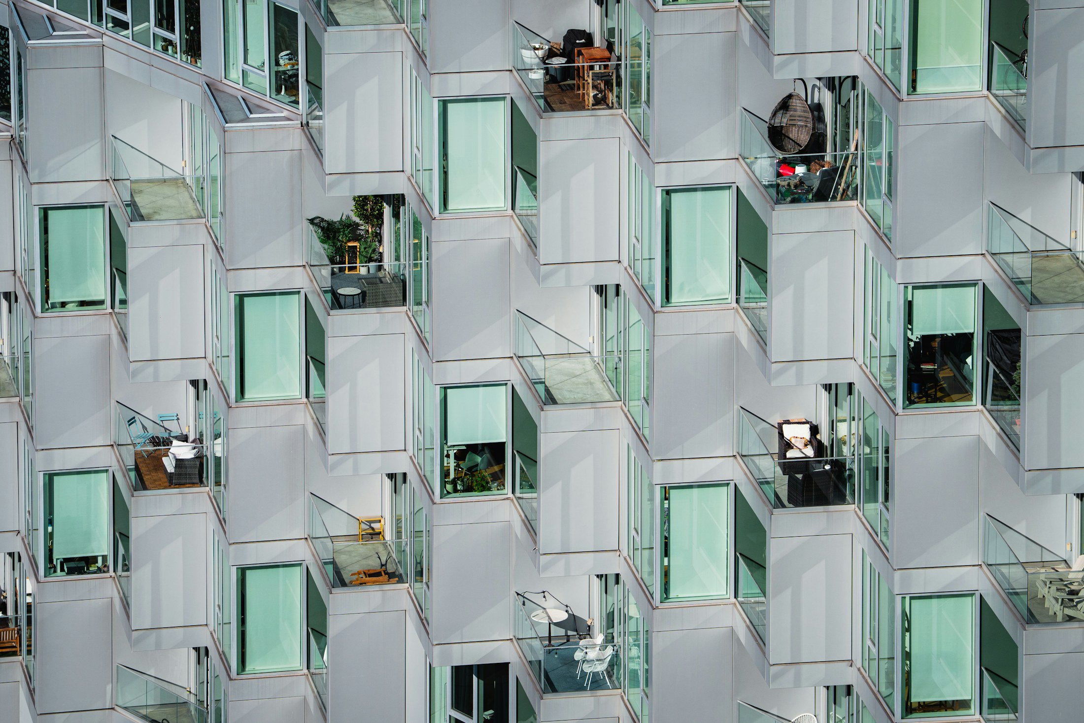 A modern New York residential building with geometric balconies